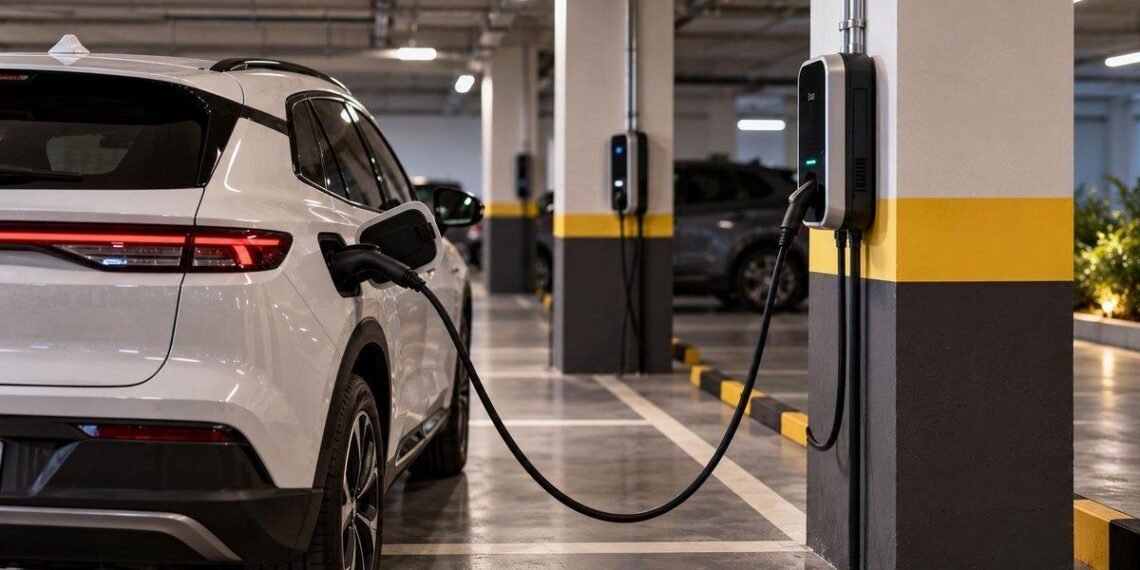 Carros elétricos em estacionamento de condomínio