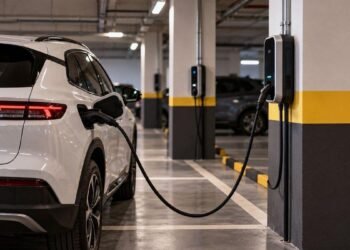 Carros elétricos em estacionamento de condomínio