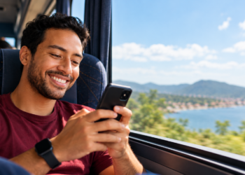 Ilustração da compra digital de passagens rodoviárias